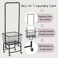 thumbnail image 4 of Rolling Laundry Cart with Wheels, Hamper Basket Organizer with Hanging Rack and Wire Storage Shelf, 4 of 4