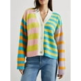 thumbnail image 4 of Womens Striped Cardigan Sweaters V Neck Open Front Button Up Color Block Fuzzy Loose Knit Coats Pink Green M, 4 of 6