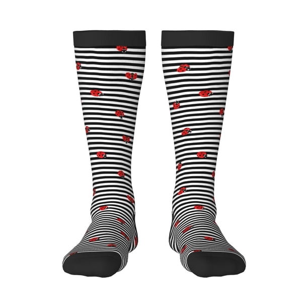 Fotbe Ladybugs on Black and White Striped Calcetas Divertidas Estampadas para Hombre y Mujer, Calcetas de Algodón hasta la Rodilla para Caminar, Correr, Enfermería y Embarazo