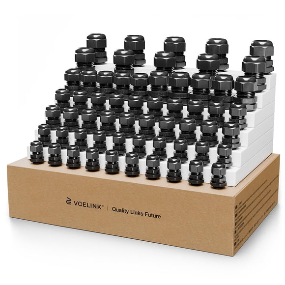VCELINK 60Pcs IP68 Waterproof Cable Gland Kit - PG7/9/11/13.5/16/19 Thread, Adjustable for 3-18mm Cable Diameter, Black Nylon Cord Grip Connectors, B