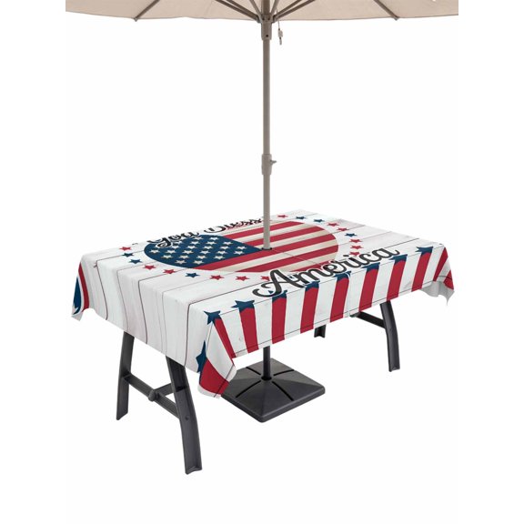 Outdoor Tablecloth with Umbrella Hole for Patio/Picnic/Party/Camping, Love Heart Independence Day Waterproof Table Cloth Rectangle Table Cover Washable, 4th of July Stars Wooden (60"x 120")