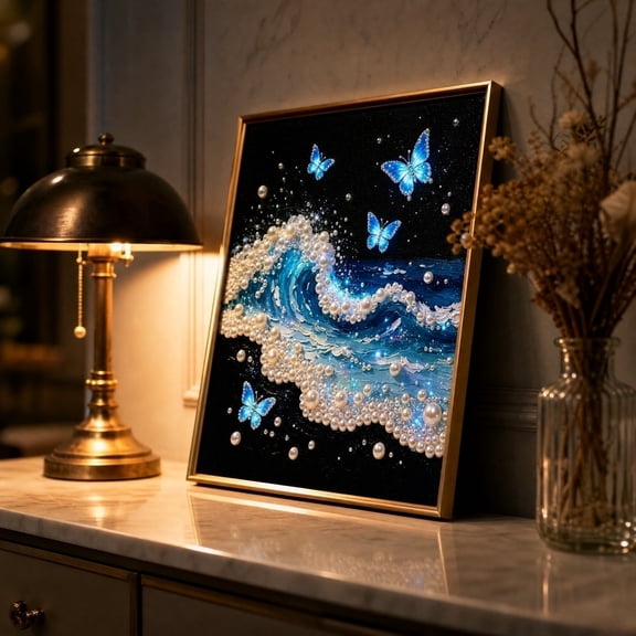 Diamond Art Kits for Adults, 5D Pearl Diamond Painting Kit with Lifelines Dot by Letter, DIY Ocean Wave Pearl Art Wall Decor