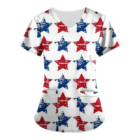 

Sksloeg Scrub Tops Women Summer Plus Size V-Neck Tops American Flag Print Fit Scrub Clothes Short Sleeve Women Working Uniform Workwear with Pocket Hot Pink M