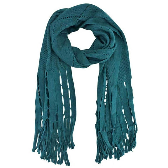 Blue Long Fringy Diamond Pattern Knit Scarf