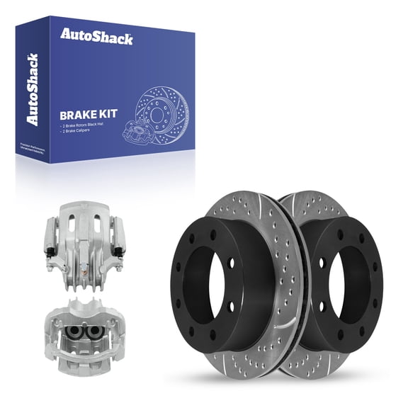 AutoShack Rear Brake Rotors & Calipers for Ford, F-250 Super Duty 2000-2004, 4WD RWD V8 5.4L 6.0L 7.3L V10 6.8L - E-Coated Drilled & Slotted - ShadowGuard - 12.83" (325.8 mm), 8-Lug