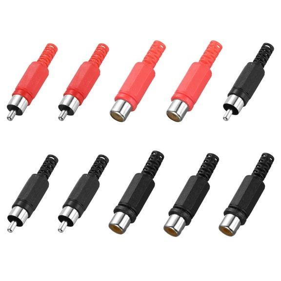 10Pcs RCA Plug Adapter Male and Female Welding Red Black Head 5.1mm Audio and Video Connector (5 Male & 5 Female)