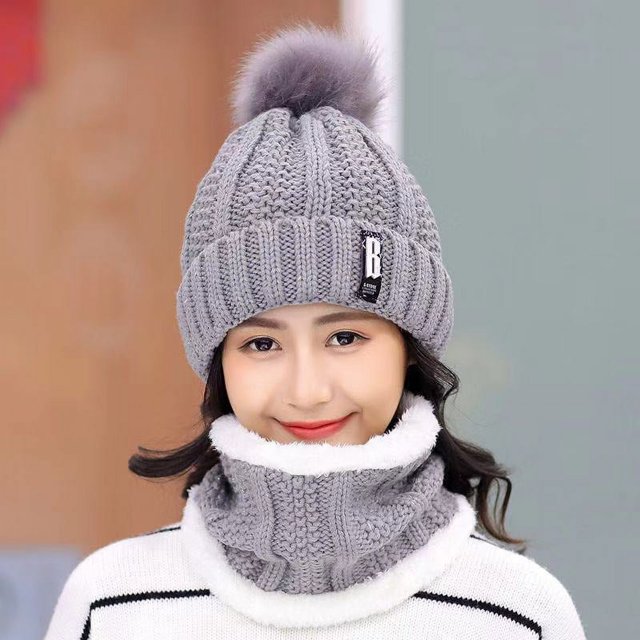 Gorro de lana de punto de invierno Suéter Corbata Versátil Conjunto de dos piezas con forro polar Aislamiento en frío (Gris)