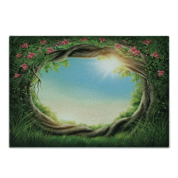 Tree Cutting Board, Enchanted Forest in Spring Fresh Growth Foliage Blossoms Fantasy, Decorative Tempered Glass Cutting and Serving Board, Small Size, Green Pink Cocoa, by Ambesonne