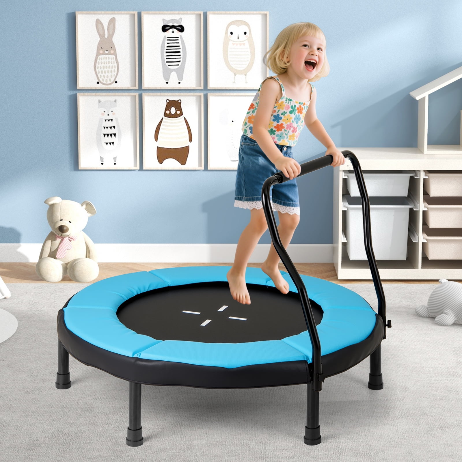 Gymax 40'' Trampoline for Kids Indoor/Outdoor Fitness Trampoline w/ Foam Handlebar Blue