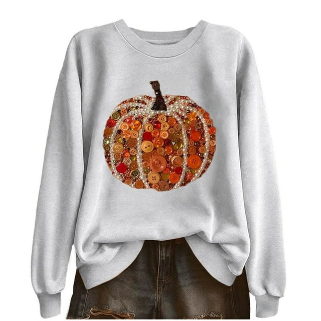 Lcziwo Femmes Halloween Chandails en Molleton Action de Grâce à Paillettes Citrouille Imprimé Hauts Manches Longues Col Rond Chandail 2025 Automne Hiver Tenues Mode Gris,TTTG