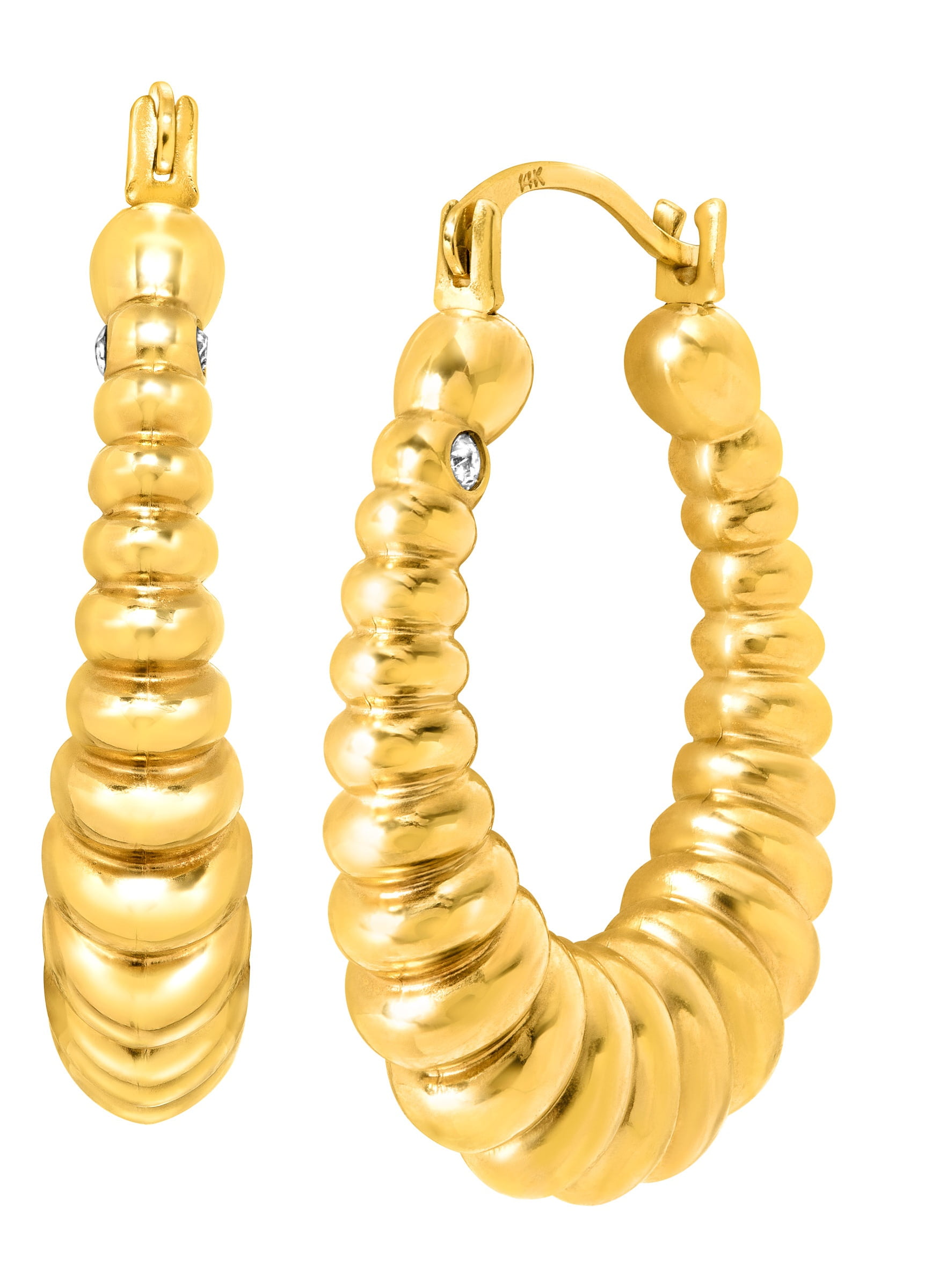 Finecraft - Ribbed Hoop Earrings with Swarovski Crystals in 14kt Gold ...