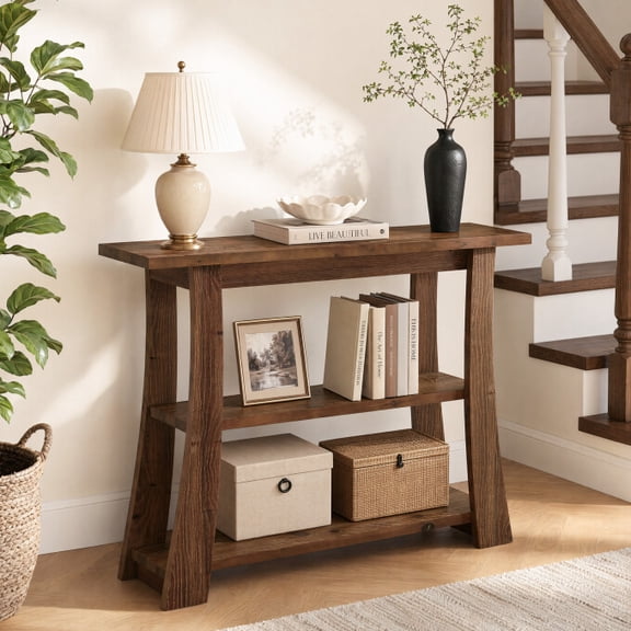 TRIBEWOOD Solid Wood Console Table with Storage Shelves, 3-Tier Small Wood Sofa Table for Living Room, Entryway, Hallway