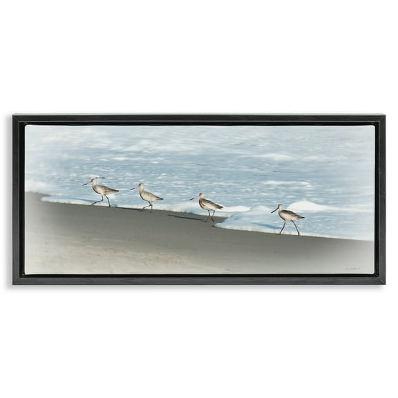 Stupell Industries Four Sandpipers on Beach Nautical & Beach Painting Black Floater Framed Canvas Art Print Wall Art, 25 x 11