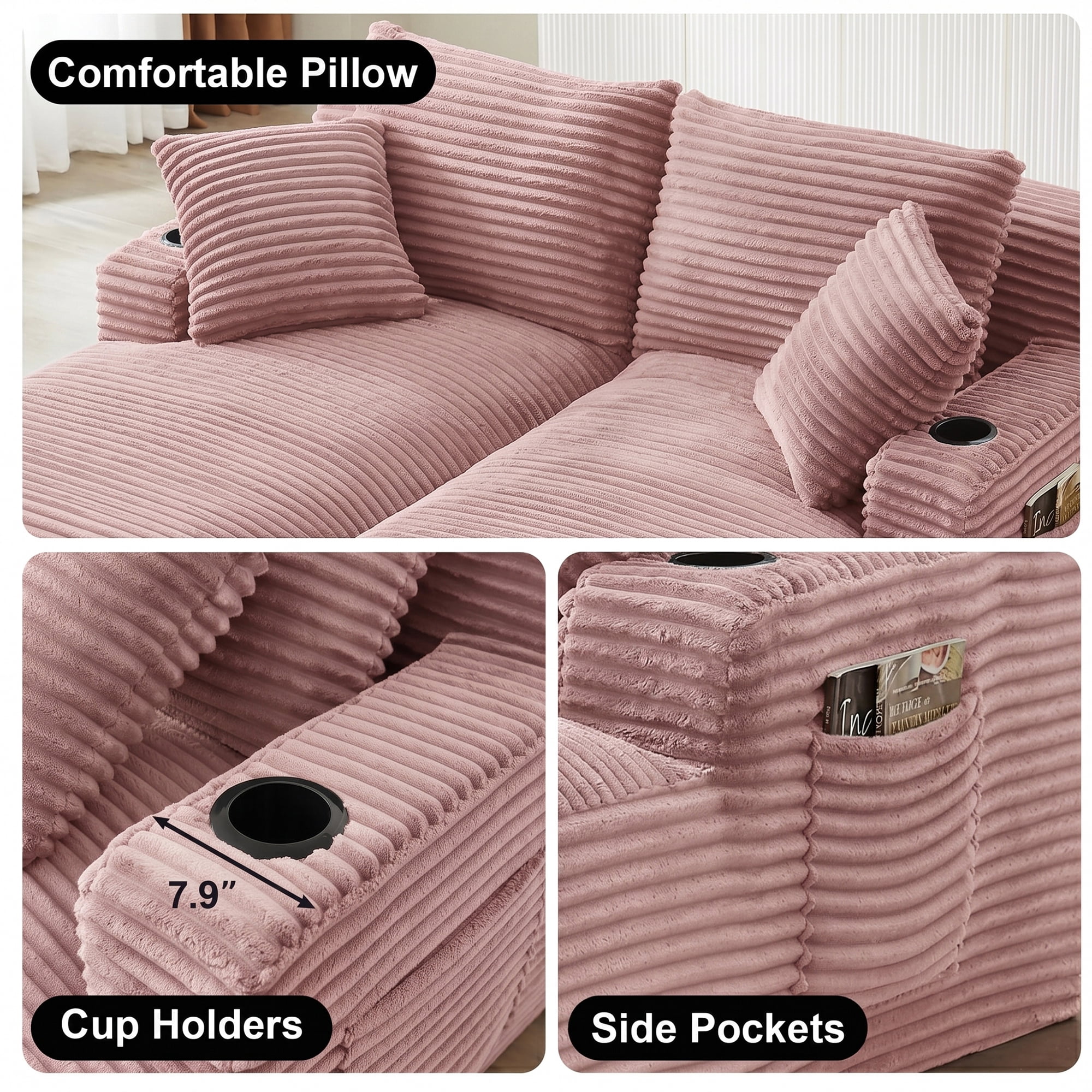 Aukfa 69" Oversized Double Chaise Lounge Boneless Couch Modular Loveseat Sleeper Sofa Bed for Living Room, 2 Cup Holders, Corduroy, Pink