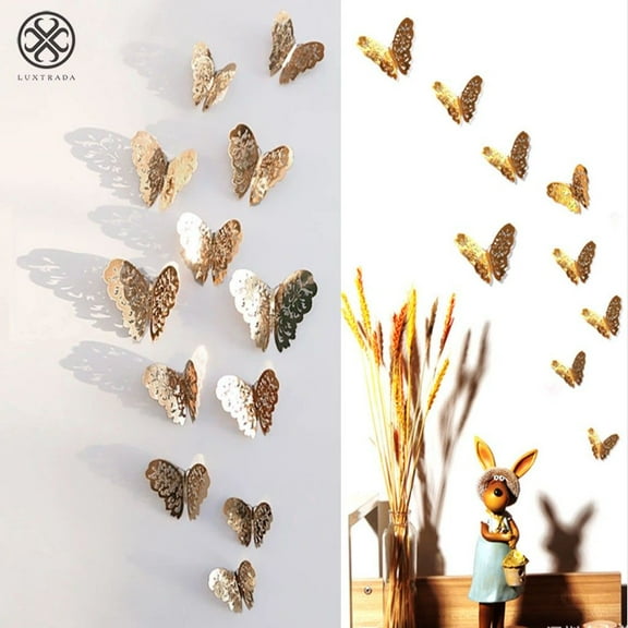 Luxtrada 12pcs/set 3D Butterfly Wall Stickers Removable Mural Stickers DIY Art Wall Decals Decor with Glue for Bedroom Wedding Party Home Decoration (TypeA,Champagne)