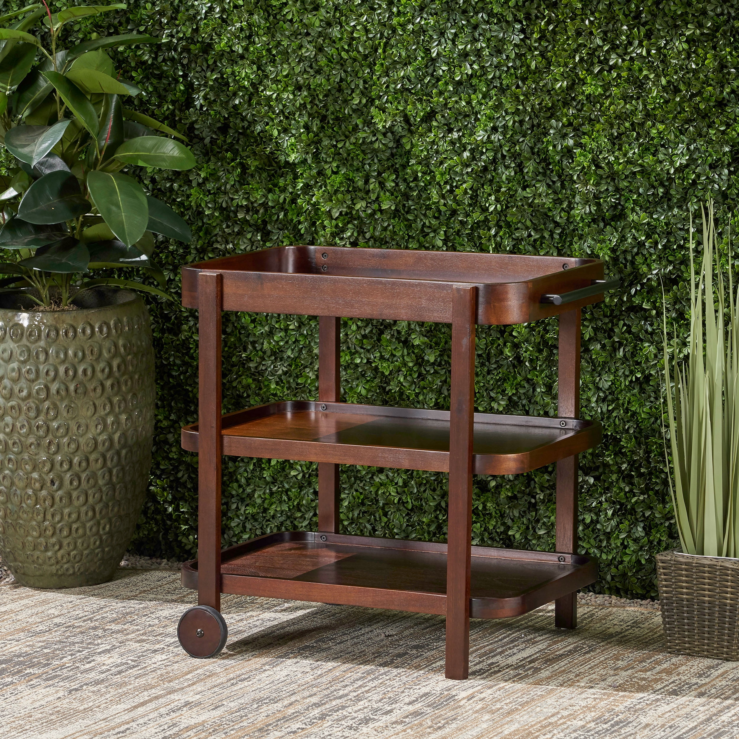 Audrielle Valley Outdoor Traditional Acacia Wood Bar Cart with 3 Shelves, Brown Mahogany