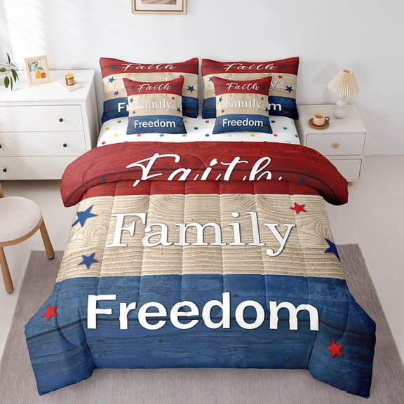 Manfei Independence Day 7-Piece Twin Bedding Sets,Rustic Cabin Bedding Comforter Set,Geometric Stars Breathable Sheet Sets,Breathable Freedom Bedroom Decorative,Reversible