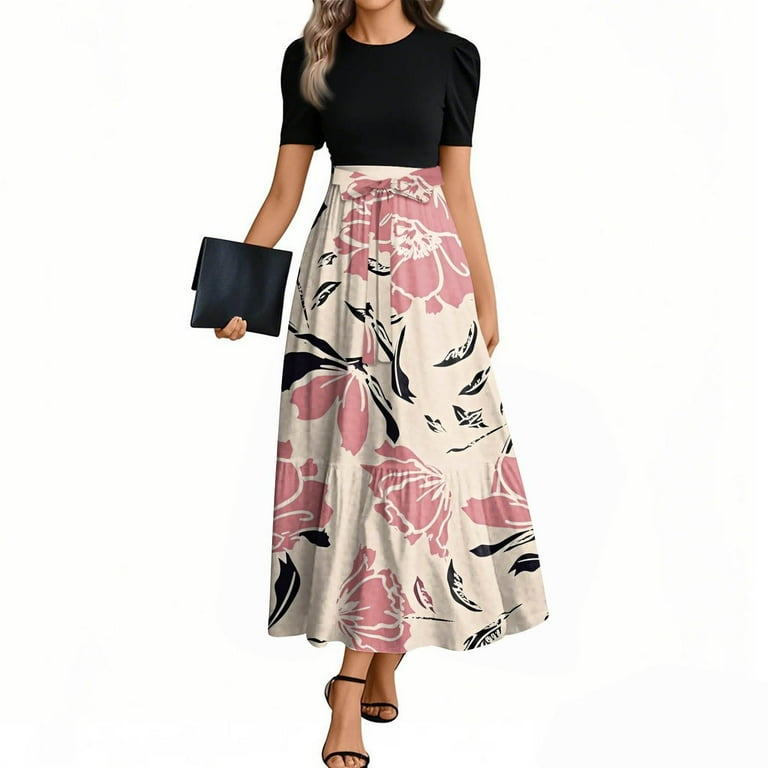 UOCEFIK Wedding Guest Dresses for Women Patchwork Elegant Floral Flowy Long Maxi Dress with Belt Short Sleeve Petite Party Summer Dresses Pink XL