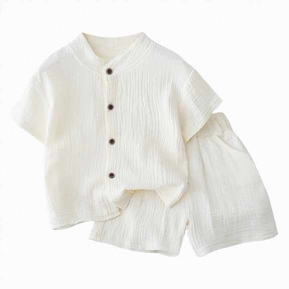 Boys Short 2 Pieces Set Casual Beach Outfits Button Down Tops Shirts Shorts With Pockets Vacation Sets Kids Summer Clothes Beige 3-4 Years