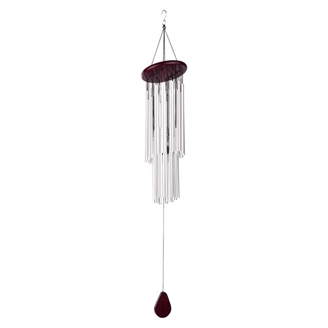 Campana de viento con 27 tubos de aluminio plateado y base de madera, ideal para decoración interior y exterior, resistente a la intemperie y perfecta como regalo.