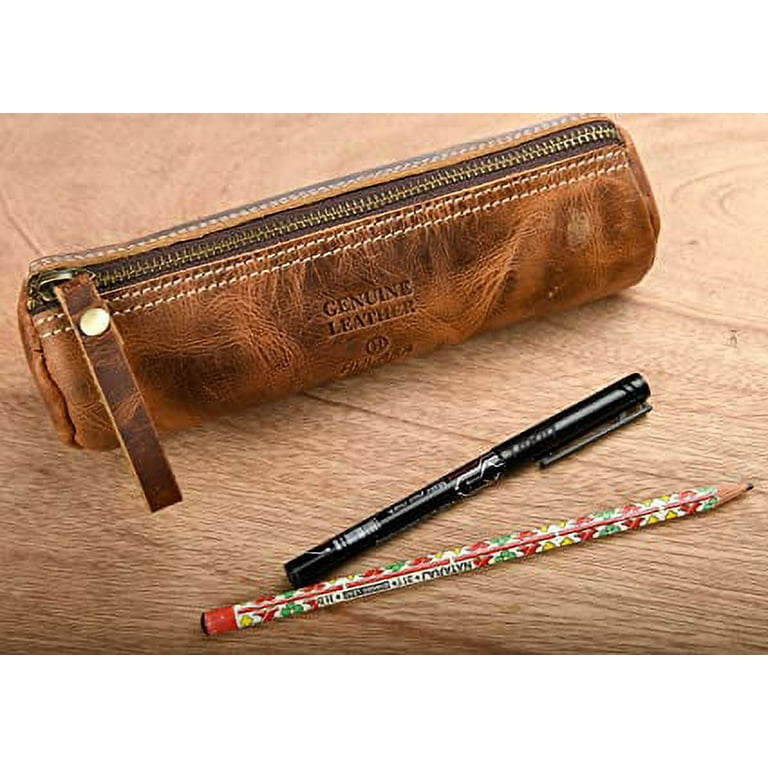 Hulara_ Genuine Leather Pencil Pouch Beautifully Handcrafted Pen Bag  Zippered Small Pencil Case For School/ Work/ Office / Leather Pen Case