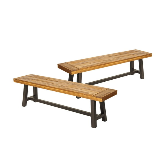Leslee Outdoor Bench Set of 2, Light Brown Wood, Black Metal, 63 Inch