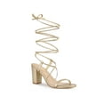thumbnail image 1 of BLISSFUL STEP Chaussures pour Femmes Talon Bloc Bout Ouvert à Lacets Brides Croisées Sandales de Soirée Or 6, 1 of 7