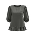 thumbnail image 6 of Qulqfy Cotton Womens Tops 3/4 Sleeve Solid Fall Casual Gray Ruffle Hem Pleat Cute Scoop Neck Shirts 2XL, 6 of 8