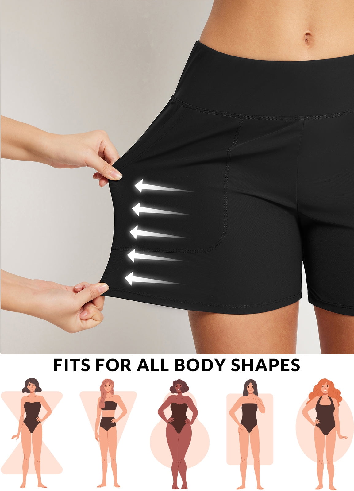 BALEAF Women's Swim Board Shorts 5 inch Swimming Bottoms High Waisted Tummy Control Swimsuits Beach Shorts with Liner Black L