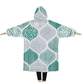 thumbnail image 2 of Oversized Wearable Blanket Hoodie,Green and White Geometric Quatrefoil Pattern Sherpa Blanket Hoodie with Super Pockets,Super Warm Fuzzy Pullover for Women & Men, 2 of 6