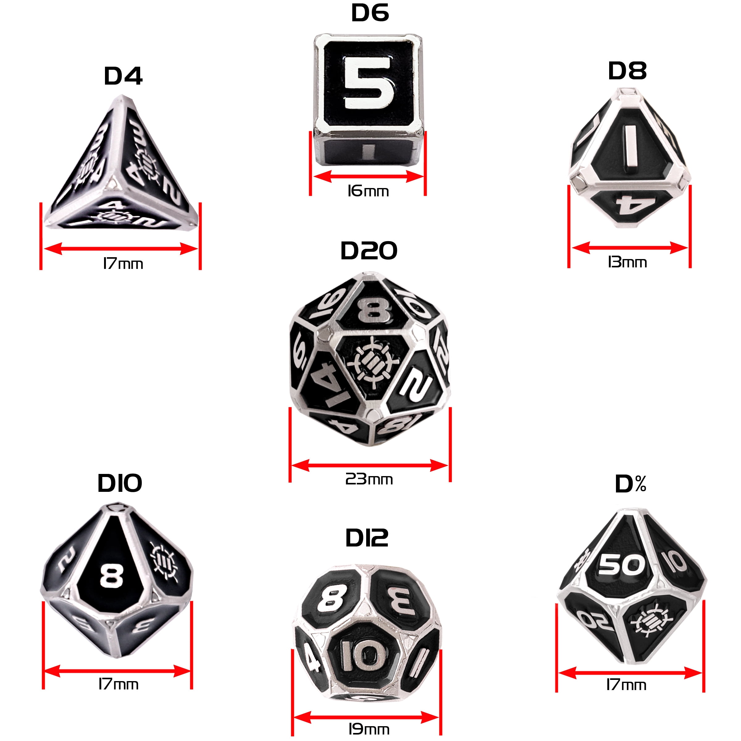 7-Set Enhance: Enamel Dice Set with Drawstring Pouch Black