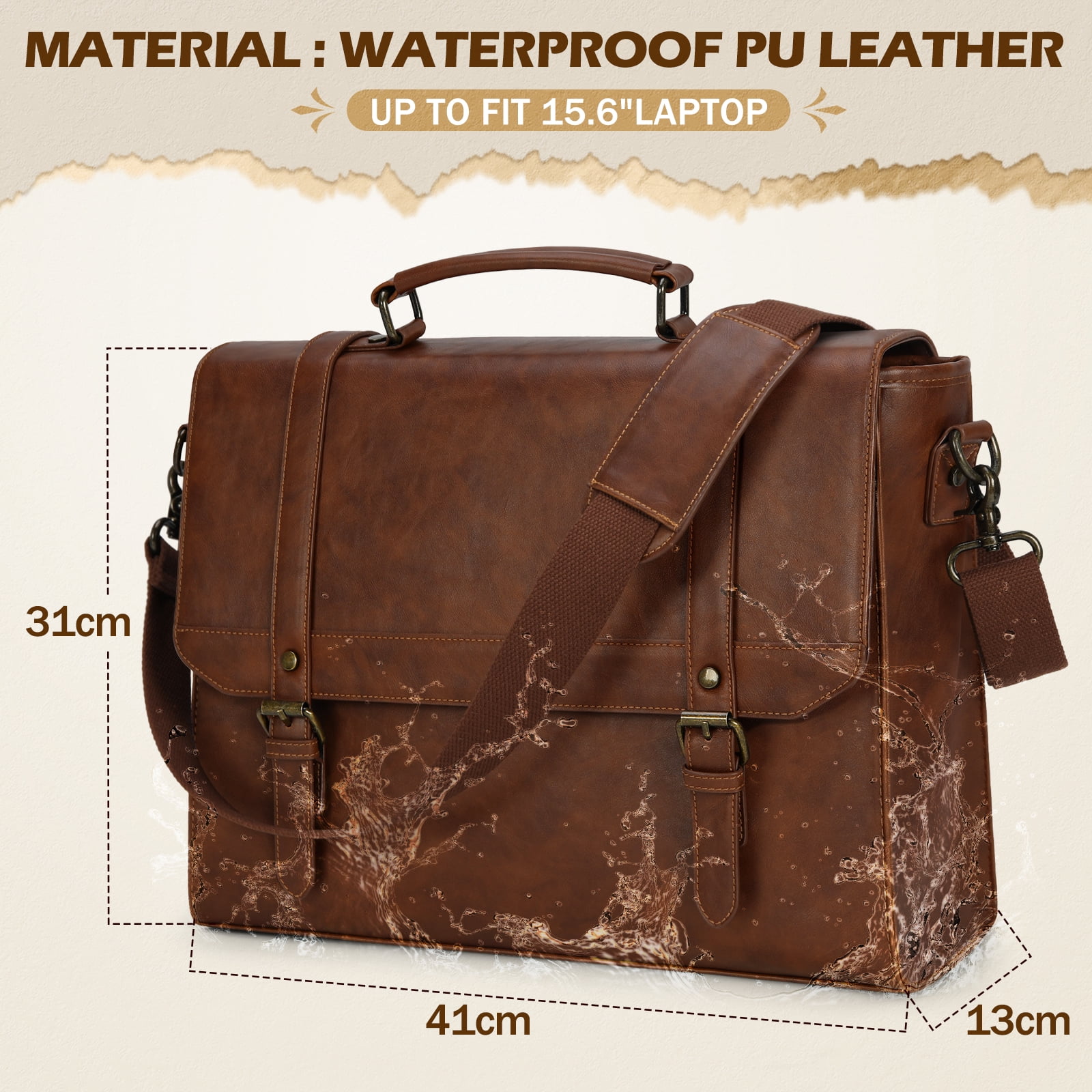 RAINSMORE Messenger Bag for Men 15.6 inch Vintage Leather Waterproof Laptop Briefcase Computer Laptop Bag Large Satchel Bag Retro Shoulder Bag for Office Business College,Brown