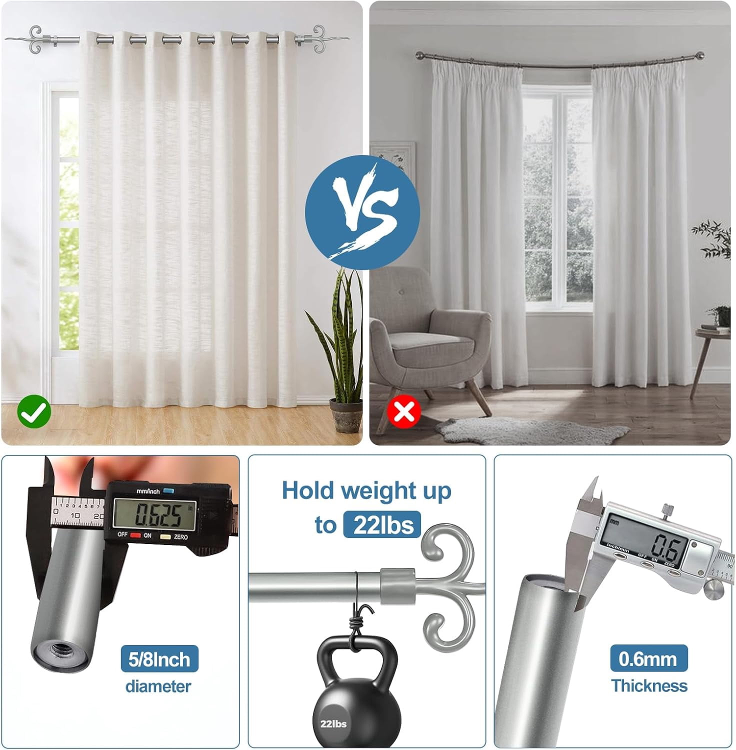 Urbanest Adjustable Single Curtain Rod Set With Flame Finials – 5/8-Inch Diameter, Pewter, 84–120 Inches