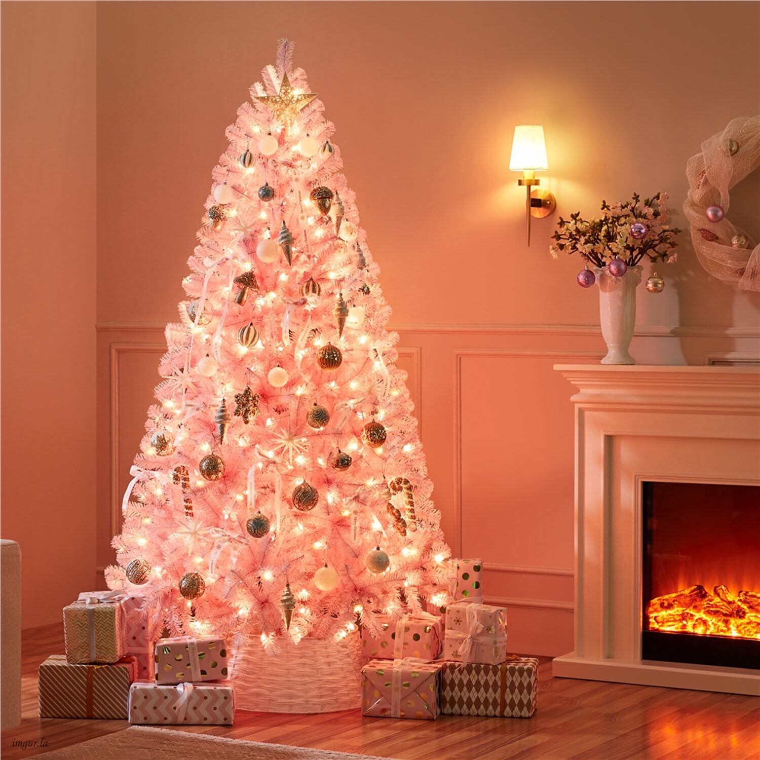 Alden Design 6FT Artificial Pre-lit Christmas Fir Tree with Foldable Stand and 300 LED Warm Lights,Pink