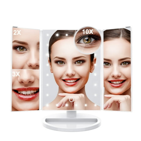 Trifold LED Lighted Makeup Mirror with 10X Magnification Dimmable Vanity Mirror Removable Base, 180° Rotatable Portable Travel Cosmetic Mirror USB/Batteries Powered Countertop Bathroom