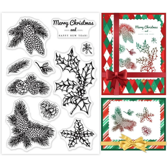 Pine Cones Clear Stamps Holly Leaves Silicone Clear Stamps Merry Christmas Clear Stamps for Cards Making DIY Scrapbooking Photo Album Decoration