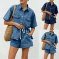thumbnail image 2 of Tumotour 2 Piece Outfits For Women Summer Denim Sets Short Sleeve Button Down Jean Shirts High Waist Drawstring Denim Shorts Sets, 2 of 4