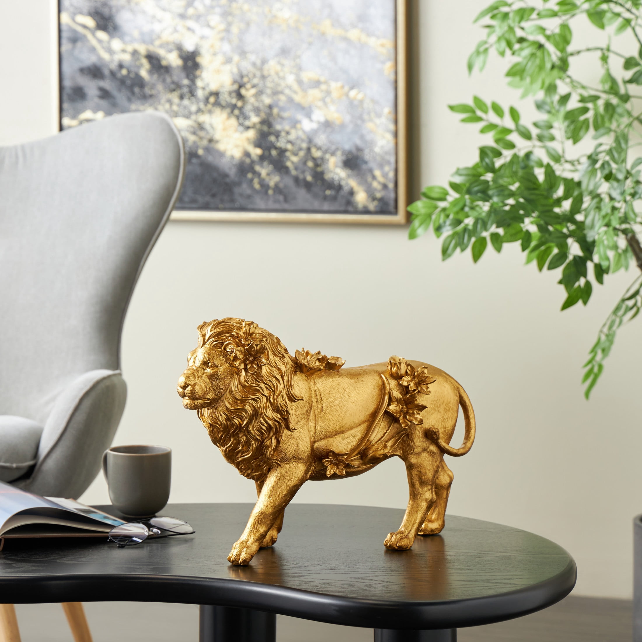 18" x 13" Gold Resin Walking Lion Sculpture with Floral Accents, by DecMode
