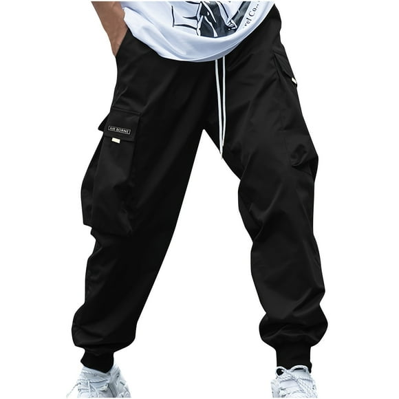 Pisexur Men's Pants Multi Pockets Drawstring Cargo Pants Solid Color Elastic Waist Athletic Hiking Pants Casual Baggy Straight Leg Sweatpants Loose Oversized Elastic Bottom Work Pants M-3XL