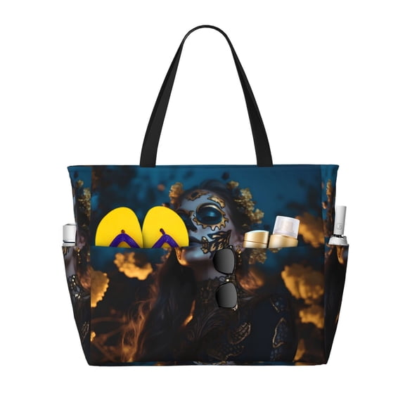 Large Beach Bags Water-resistant Sandproof - Black and Gold Woman Cute Beach Tote Bags for Women with Zipper