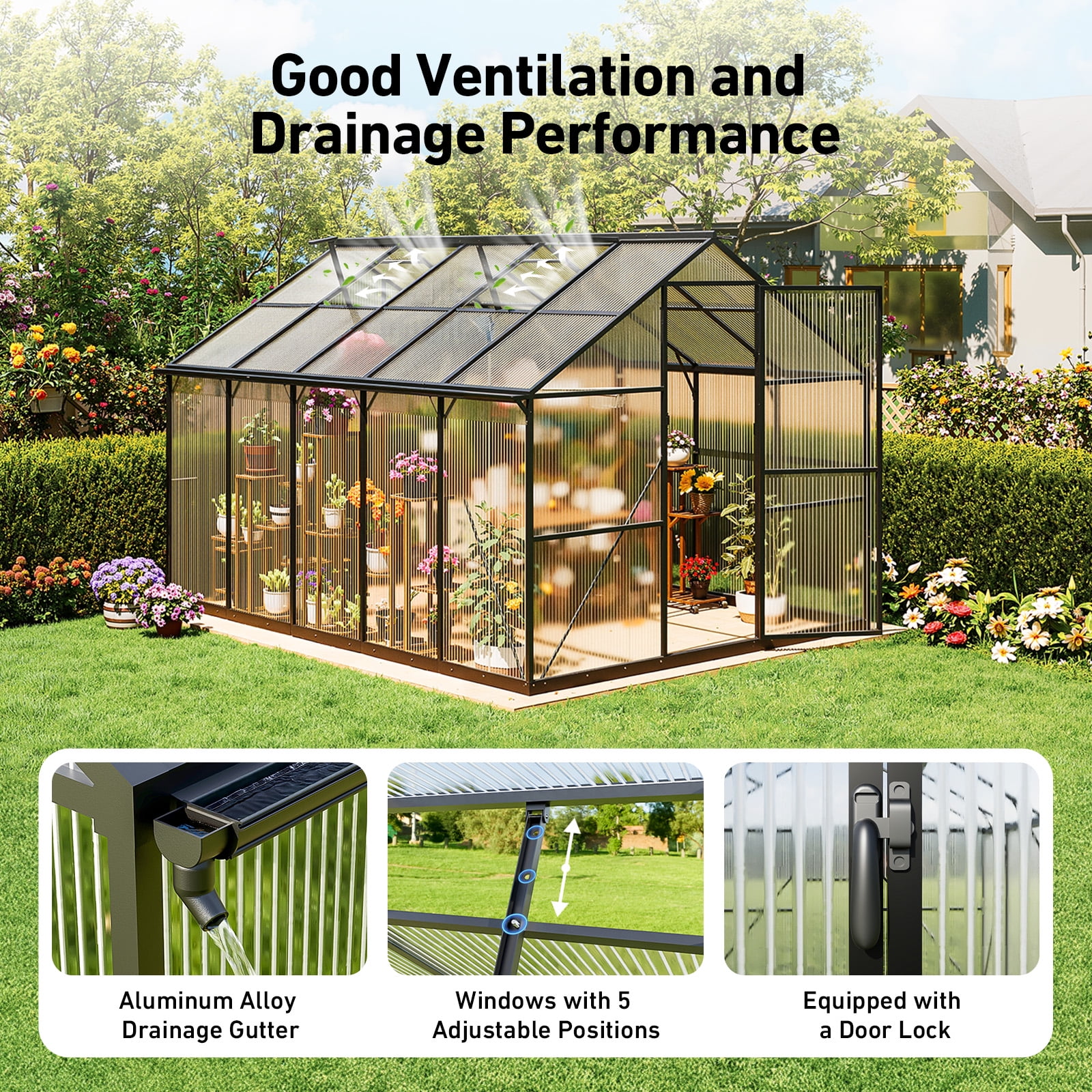 Sylviera 8x10ft Outdoor Walk-in Greenhouse, Heavy-Duty Polycarbonate Green House with Reinforced Aluminum Frame for Garden, Backyard, and Winter Planting