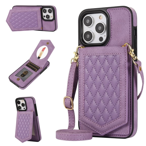 Allytech Wallet Case for iPhone 14 Pro 2022 Case with Card Holder, PU Leather RFID Blocking Design Stand Mirror Inner Case with Detachable Crossbody Strap for iPhone 14 Pro 5G 6.1", Purple