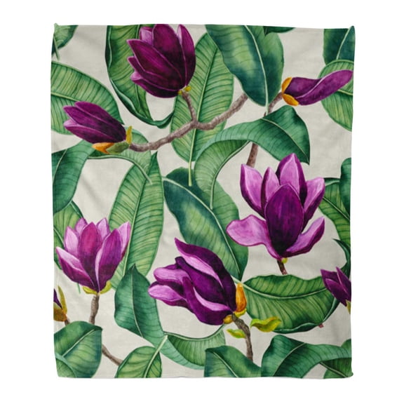 SIDONKU Flannel Throw Blanket Blue Hand Watercolor Botanical Leaves Pattern Tropical for Interior Soft for Bed Sofa and Couch 58x80 Inches