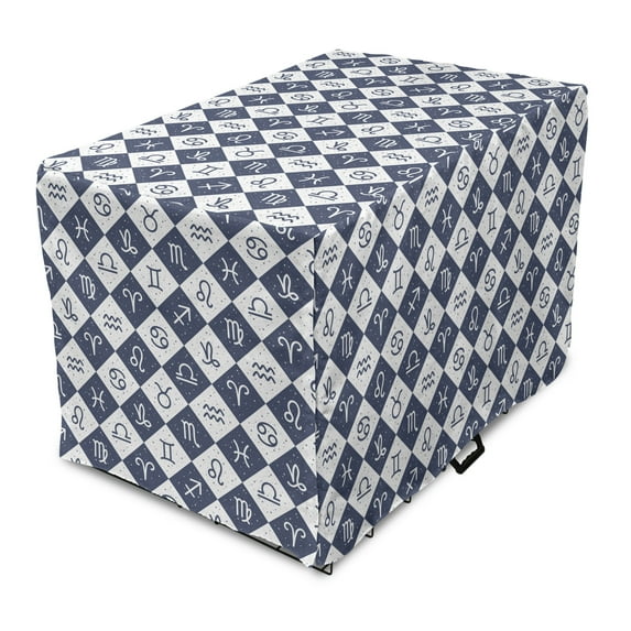Geometric Rhombus Dog Crate Cover, Horoscope Themed Zodiac Signs Tiny Stars and Dots in Rhomb Check, Easy to Use Pet Kennel Cover Small Dogs Puppies Kittens, 7 Sizes, Dark Indigo White, by Ambesonne