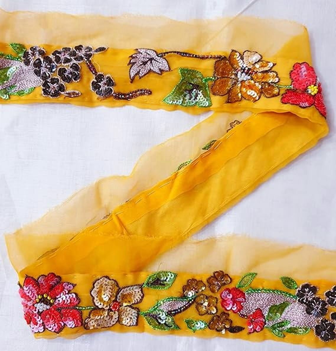Rare Antique Vintage Sari Border Trim – 1 Yard Lace Ribbon with Glass Beads & Sequins
