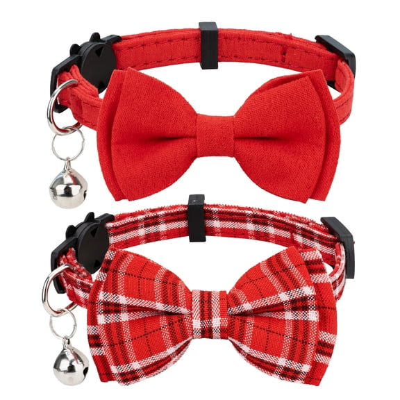 Mumup Christmas Cat Collar Breakaway Bowtie Safety with Bell Adjustbale Kitten Puppy Solid Plaid Color Set P-[2pcs]