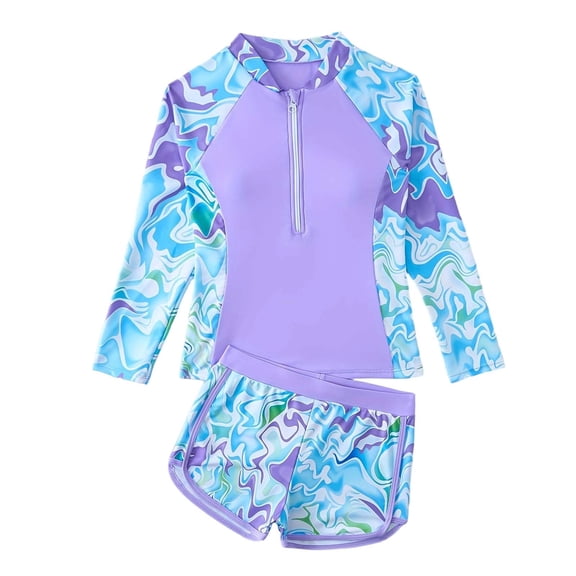 Girls Rash Guard Swimsuit Color Block Long Sleeve Print 2 Piece Bathing Suit Sun Protection Summe Beach Vacation Surfing Swim Suits