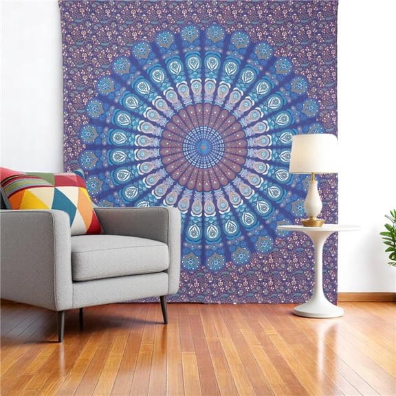HomeRoots 397419 92 x 84 in. Navy Blue Ivory & Brown Mandala Cotton Hanging Tapestry