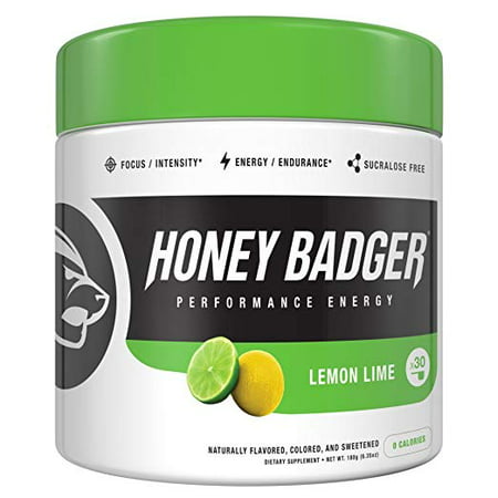 Honey Badger Performance Energy Natural Pre Workout for Men & Women (Lemon Lime, 30 Servings, Sugar Free, Sucralose Free, Naturally Flavored & Sweetened, Amino Acids, Keto, Vegan,
