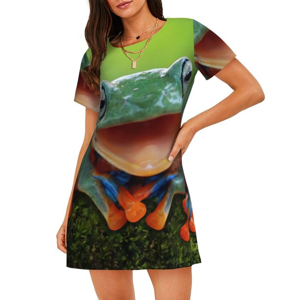 Fotbe Tree Frog Bata de Dormir para Mujer con Estampado, Camisón de Algodón de Manga Corta, Ropa de Dormir Casual